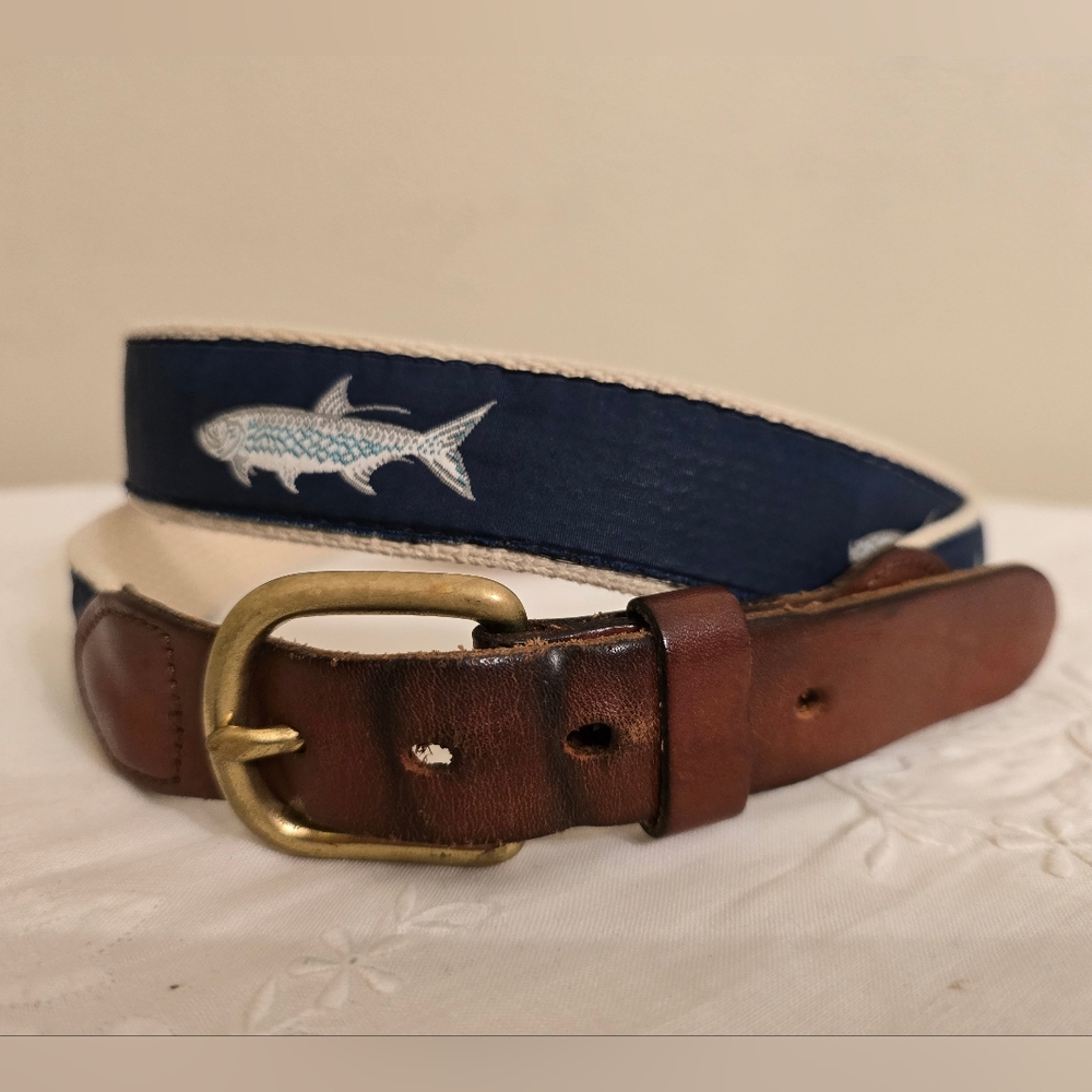 Leather Man Ltd Tarpon fish belt with a brass buckle and navy blue canvas Sz 42